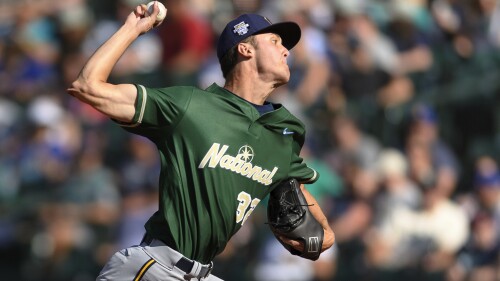 Milwaukee Brewers' Jacob Misiorowski throws during the fourth inning of the All-Star Futures baseball game Saturday, July 8, 2023, in Seattle. (AP Photo/Caean Couto)