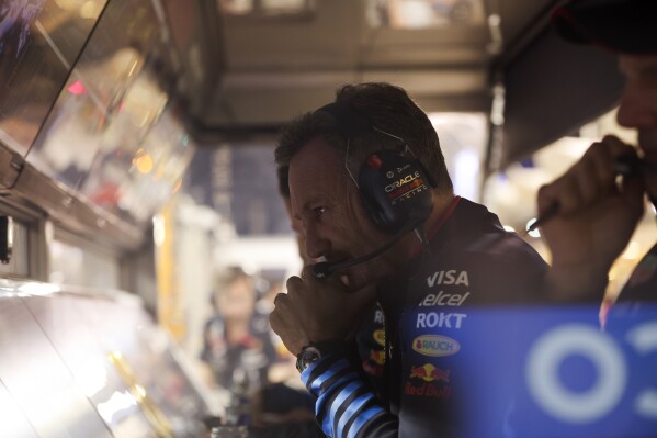 Red Bull team principal Christian Horner during the Formula One Bahrain Grand Prix at the Bahrain International Circuit in Sakhir, Bahrain, Saturday, March 2, 2024. (Ali Haider, Pool Photo via AP)