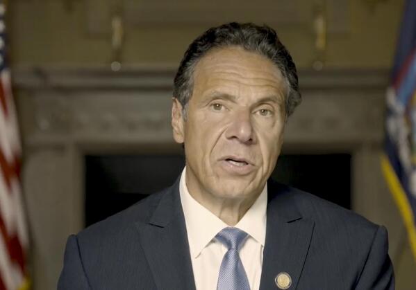 In this image taken video provided by Office of the NY Governor, New York Gov. Andrew Cuomo makes a statement in a pre-recorded video released, Tuesday, Aug. 3, 2021, in New York. An investigation into New York Gov. Andrew Cuomo has found that he sexually harassed multiple current and former state government employees. State Attorney General Letitia James announced Tuesday. (Office of the NY Governor via AP )