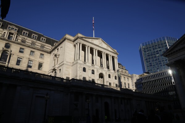 FILE - The Bank of England in London, is shown on Dec. 15, 2022. The bank is expected to maintain interest rates at a 16-year high of 5.25%, but a cut wouldn't be a huge surprise as inflation falls from multi-decade highs. (AP Photo/Alastair Grant, File)