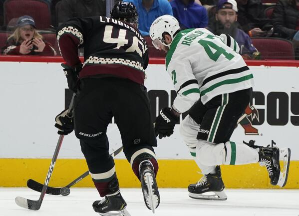 Arizona Coyotes defenseman Ilya Lyubushkin (46) in the first