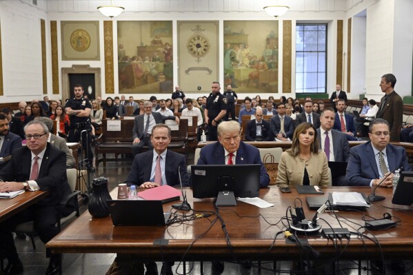 Former President Donald Trump sits between his lawyers Christopher Kise, left, and Alina Habba during his civil fraud trial at the State Supreme Court building in New York, Wednesday, Oct. 4, 2023. (Angela Weiss/Pool Photo via AP)
