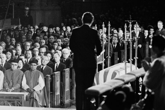 Edward M. Kennedy makes the eulogy for his brother, the slain Sen. Robert F. Kennedy, at St. Patrick's Cathedral in New York, June 8, 1968. (AP Photo/John Duricka)