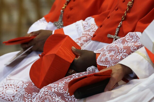 Cardinals hold the red three-cornered biretta hats before a consistory inside the St. Peter's Basilica at the Vatican, Saturday, Nov. 19, 2016. (AP Photo/Gregorio Borgia, File)