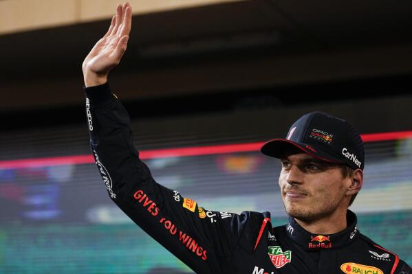 Red Bull driver Max Verstappen of the Netherlands reacts as he finishes at pole position during the Formula One qualifying at the Bahrain International Circuit in Sakhir, Bahrain, Saturday, March 4, 2023. The Bahrain GP will be held on Sunday March 5, 2023.(AP Photo/Ariel Schalit)