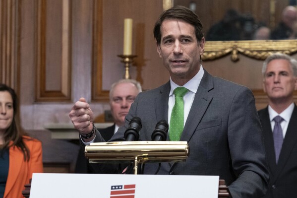 FILE - Rep. Garret Graves, R-La., speaks at a news conference after the House passed the debt ceiling bill at the Capitol in Washington, May 31, 2023. House Republicans are searching for solutions to climate change without restricting American-produced energy that comes from burning oil, coal and gas. (AP Photo/Jose Luis Magana, File)