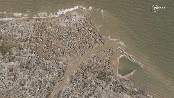 This satellite photo from Planet Labs PBC shows flooding in Derna, Libya, on Tuesday, Sept. 12, 2023. (Planet Labs PBC via AP)