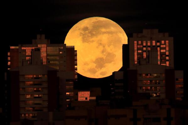 A lunar eclipse is observed during dawn in Brasilia, Brazil, Wednesday, May 26, 2021. Wednesday's eclipse is the first in more than two years and coincides with a supermoon. (AP Photo/Eraldo Peres)