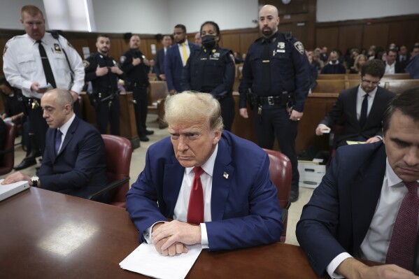 Former President Donald Trump attends his trial in Manhattan Criminal Court, Monday, May 6, 2024, in New York.  (Win McNamee/Pool Photo via AP)