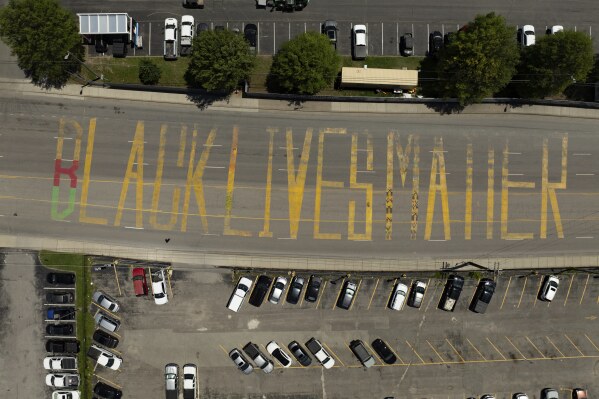 A Black Lives Matter mural painted by Thaxton Waters II is seen in an aerial view on Thursday, May 22, 2025, in Nashville, Tenn. (AP Photo/Kevin Wurm)