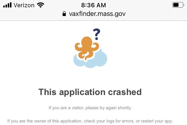 This image shows a message that appeared on the Massachusetts vaccine portal when it crashed in February. The COVID-19 vaccine deployment has exposed technology shortcomings across the nation’s fragmented public health systems. (AP Photo)