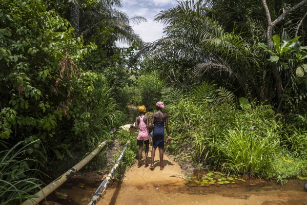Girls walk past oil pipes on their way home to their village of Kinkazi, which has been affected by oil drilling, outside Moanda, Democratic Republic of the Congo, Sunday, Dec. 24, 2023. (AP Photo/Mosa'ab Elshamy)