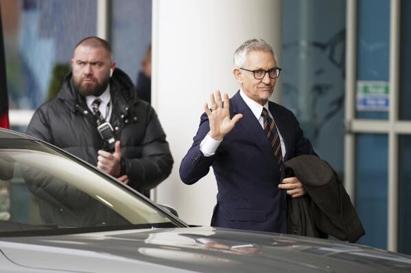Soccer broadcaster Gary Lineker arrives ahead of the English Premier League soccer match between Leicester City and Chelsea, at the King Power Stadium, in Leicester, England, Saturday, March 11, 2023. (Mike Egerton/PA via AP)