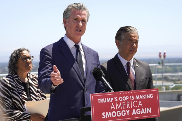 Calif. Gov. Gavin Newsom discusses the U.S. Senate vote against California Emissions rules which include the ban on the sale of new gas powered cars by 2035 during a news conference in Sacramento, Calif., Thursday, May 22, 2025. Newsom was accompanied by Liane Randolph, chair of the California Air Resources Board, left, and California Attorney General Rob Bonta.I(Photo/Rich Pedroncelli)