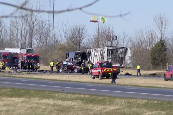 Emergency responders are on the scene of a fatal accident on Interstate 70 West in Licking County, Ohio, Tuesday, Nov. 14, 2023.(WSYX/WTTE via AP, file)