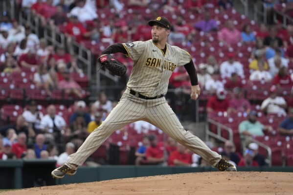 San Diego Padres starting pitcher Blake Snell throws during the second inning of a baseball game against the St. Louis Cardinals Monday, Aug. 28, 2023, in St. Louis. (AP Photo/Jeff Roberson)
