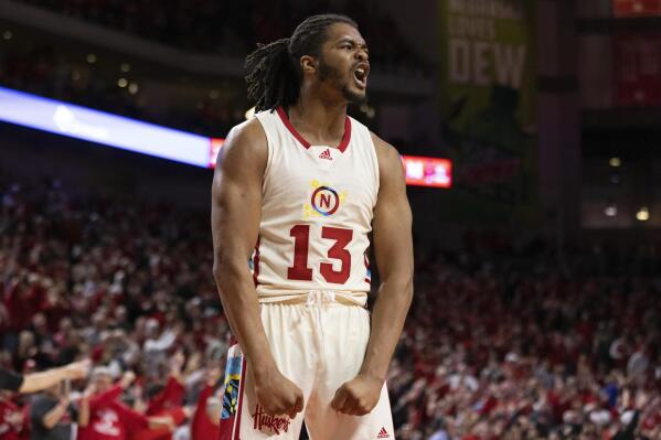 Nebraska's Derrick Walker (13) celebrates after blocking a shot from Maryland during overtime of an NCAA college basketball game Sunday, Feb. 19, 2023, in Lincoln, Neb. (AP Photo/Rebecca S. Gratz)