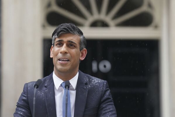 Britain's Prime Minister Rishi Sunak delivers a statement, outside 10 Downing Street, London, Wednesday, May 22, 2024. Sunak has set the date of July 4, 2024 for the national election to determine who governs the UK. (Stefan Rousseau/PA via AP)