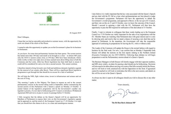 In this image issued Wednesday Aug. 28, 2019, by 10 Downing Street, showing a two page letter sent by Prime Minister Boris Johnson to fellow lawmakers outlining his Government's plans and confirming that he has asked Queen Elizabeth II to end the current Parliamentary session. In the letter released Wednesday, Johnson says that he “spoke to Her Majesty The Queen to request an end to the current parliamentary session’’, ahead of Britain's Brexit split with Europe. (10 Downing Street via AP)