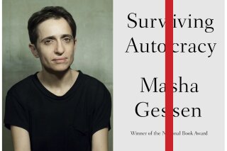 This combination of photos released by Riverhead Books shows a portrait of Russian-born author and journalist Masha Gessen, left, and Gessen's upcoming book, "Surviving Autocracy," expected in June. This is Gessen's first book since “The Future Is History: How Totalitarianism Reclaimed Russia," winner of the National Book Award in 2017. (Tanya Sazansky, left, and Riverhead Books via AP)