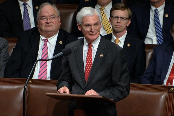 FILE - In this Dec. 18, 2019 file photo, Rep. Bob Latta, R-Ohio, speaks as the House of Representatives debates the articles of impeachment against President Donald Trump at the Capitol in Washington.  Latta became the second member of Congress representing Ohio to test positive this week for COVID-19 despite being vaccinated against the virus. The Republican lawmaker from Ohio’s 5th Congressional District announced Tuesday, Sept. 21, 2021, he contracted the virus after he was exposed to someone who also tested positive. (House Television via AP, File)