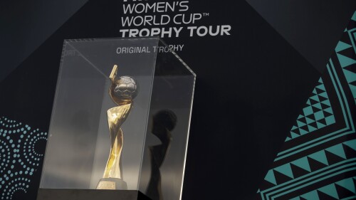 FILE - The FIFA Women's World Cup soccer trophy is displayed during a tour ahead of the Australia - New Zealand 2023 World Cup, at Christ the Redeemer Statue in Rio de Janeiro on March 29, 2023. New Zealand alt-pop star BENEE and Australian musician Mallrat have released “Do It Again,” the official song of this year’s tournament. They will perform the song live at the opening ceremony at Eden Park in Auckland on July 20 prior to the first match, where New Zealand will take on Norway. (AP Photo/Bruna Prado, File)