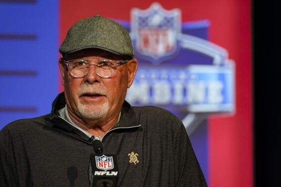 Tampa Bay Buccaneers head coach Bruce Arians speaks during a press conference at the NFL football scouting combine in Indianapolis, Tuesday, March 1, 2022. (AP Photo/Michael Conroy)