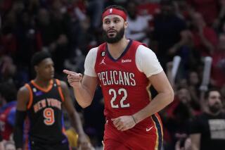 New Orleans Pelicans forward Larry Nance Jr. (22) reacts after making a basket in the second half of an NBA basketball game against the New York Knicks in New Orleans, Friday, April 7, 2023. The Pelicans won 113-105. (AP Photo/Gerald Herbert)
