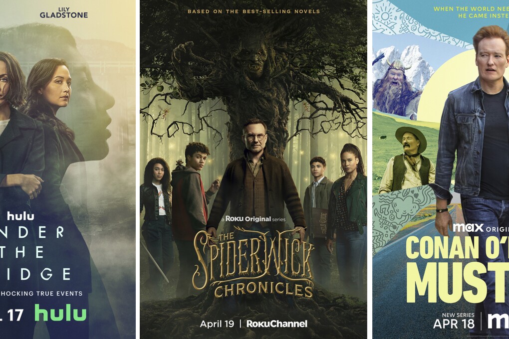 This combination of images show promotional art for upcoming shows "Under The Bridge," premiering April 17 on Hulu, "The Spiderwick Chronicles," premiering April 19 on The Roku Channel and "Conan O'Brien Must Go," premiering April 18 on MAX. (Hulu/The Roku Channel/MAX via AP)