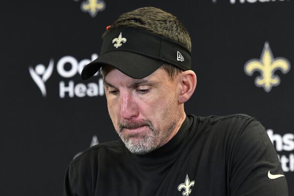 New Orleans Saints head coach Dennis Allen meets with reporters after an NFL football game against the Pittsburgh Steelers in Pittsburgh, Sunday, Nov. 13, 2022. (AP Photo/Don Wright)