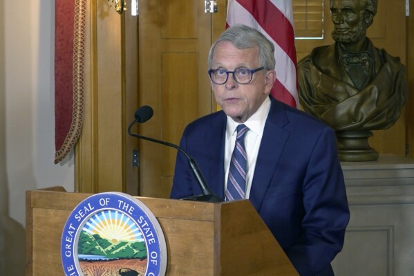 Ohio Gov. Mike DeWine speaks, Thursday, May 23, 2024 in Columbus, Ohio. Gov. Mike DeWine said Thursday that he is calling a special session of the General Assembly next week to pass legislation ensuring President Joe Biden is on the state's 2024 ballot. (AP Photo/Patrick Orsagos)