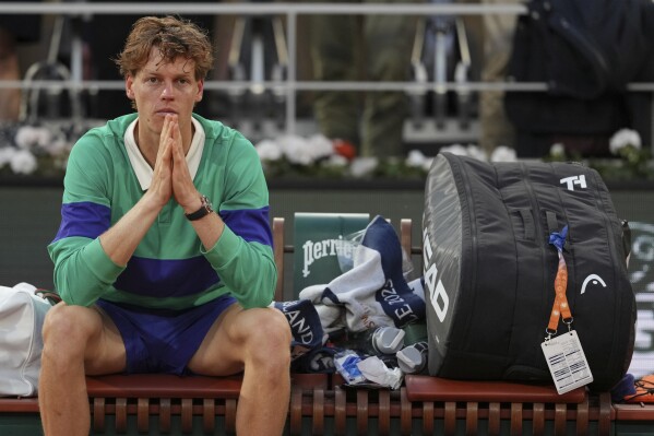 Second placed Italy's Jannik Sinner reacts after the final match of the French Tennis Open against Spain's Carlos Alcaraz at the Roland-Garros stadium in Paris, Sunday, June 8, 2025. (AP Photo/Thibault Camus)