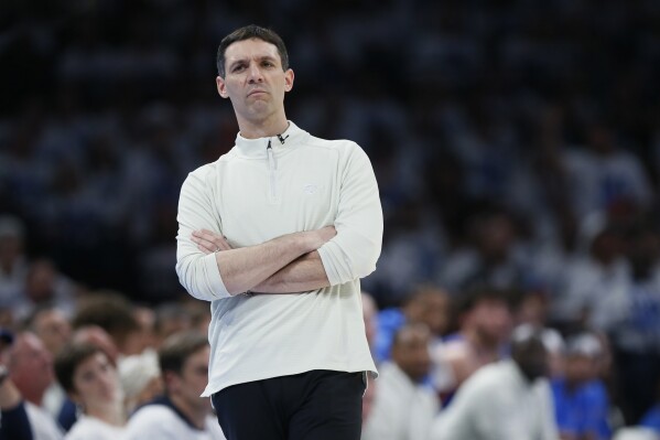 Oklahoma City Thunder coach Mark Daigneault watches play during the second half in Game 2 of the team's NBA basketball first-round playoff series against the New Orleans Pelicans, Wednesday, April 24, 2024, in Oklahoma City. (AP Photo/Nate Billings)
