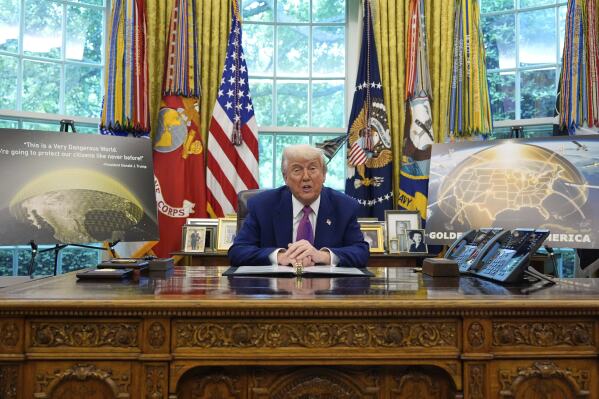 President Donald Trump speaks in the Oval Office of the White House, Tuesday, May 20, 2025, in Washington. (AP Photo/Alex Brandon)