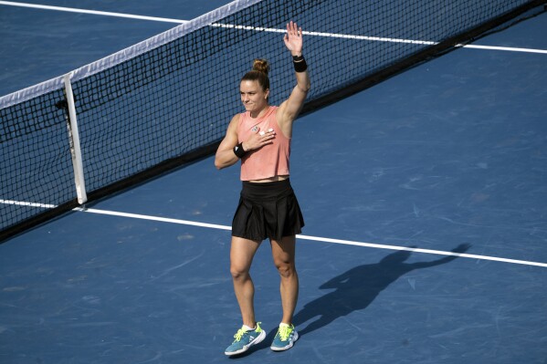 Maria Sakkari, of Greece, gestures to the crowd after defeating Jessica Pegula in the semifinals of the DC Open tennis tournament, Saturday, Aug. 5, 2023 in Washington, D.C. (Minh Connors/The Washington Post via AP)