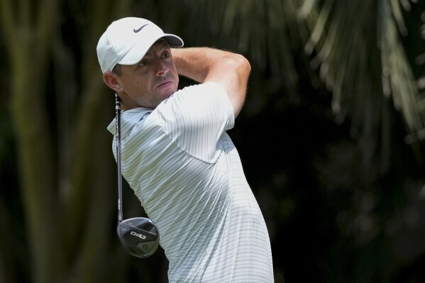 Rory McIlroy, of Northern Ireland, watches his tee shot on the second hole during the third round of the RBC Heritage golf tournament, Saturday, April 20, 2024, in Hilton Head Island, S.C. (AP Photo/Chris Carlson)
