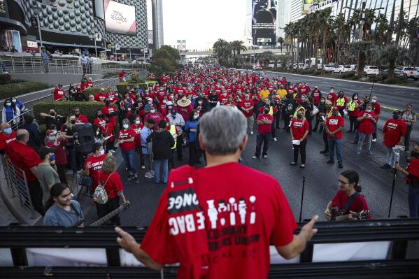 Ted Pappageorge, president of the Culinary Workers Union, addresses the crowd at a rally of the union to bring attention to workers that are still not back working since the pandemic began, Thursday, Oct. 28, 2021, on the Strip in Las Vegas. (Rachel Aston/Las Vegas Review-Journal via AP)