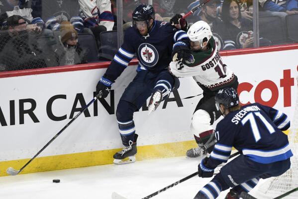 Arizona Coyotes defenseman Ilya Lyubushkin (46) in the first