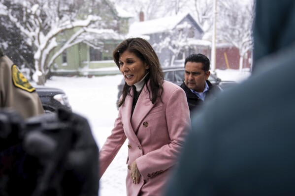 Former U.N. Ambassador Nikki Haley leaves her Iowa City event after meeting with supporters Saturday, Jan. 13, 2024, at The James Theater in Iowa City, Iowa. (Cody Scanlan/The Des Moines Register via AP)