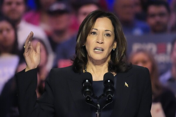 Vice President Kamala Harris speaks before President Joe Biden appears at an event on the campus of George Mason University in Manassas, Va., Tuesday, Jan. 23, 2024, to campaign for abortion rights, a top issue for Democrats in the upcoming presidential election. (AP Photo/Alex Brandon)