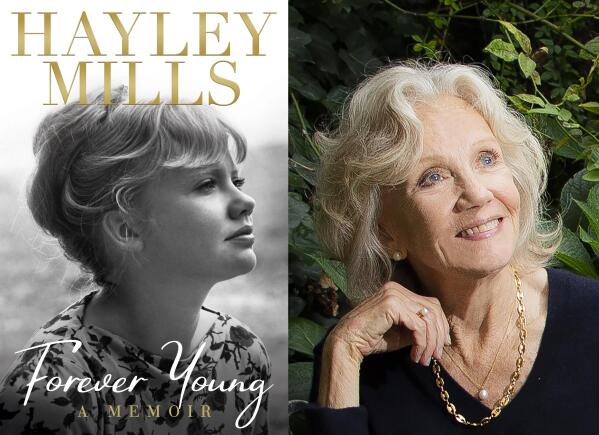 This combination photo shows cover art for "Foever Young," a memoir by Hayley Mills, left, and a portrait of Mills at her West London home on Aug. 25, 2021. (Grand Central Publishing via AP, left, and AP Photo)