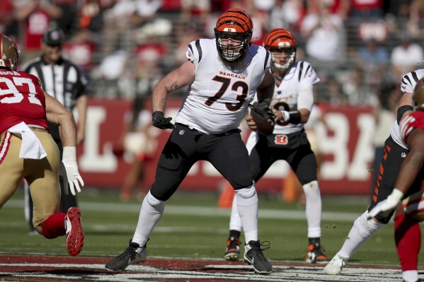 FILE - Cincinnati Bengals offensive tackle Jonah Williams (73) blocks during the team's NFL football game against the San Francisco 49ers, Oct. 29, 2023, in Santa Clara, Calif. The Arizona Cardinals have agreed to a $30 million, two-year deal with Williams, according to a person familiar with the deal. The person spoke to The Associated Press on condition of anonymity because the contract hasn't been officially announced. (AP Photo/Scot Tucker, File)