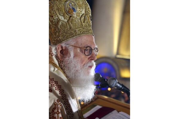 Archbishop Anastasios Yanoulatos, head of the Autocephalous Orthodox Church of Albania, leads the Easter celebrations at the Christ Resurrection Cathedral in the capital Tirana, on May 1, 2016. (AP Photo/Hektor Pustina, File)