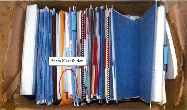This image, contained in the report from special counsel Robert Hur, shows a box of files, found in the garage of President Joe Biden and annotating the "Facts First folder" where classified documents relating to Afghanistan were found in Wilmington, Del., during a search by the FBI on Dec. 21, 2022. (Justice Department via AP)