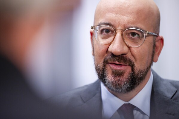 European Council President Charles Michel speaks during an exclusive interview with the Associated Press at the EU Council in Brussels, Friday Oct. 13, 2023. (AP Photo/Geert Vanden Wijngaert)