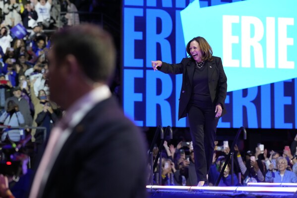 Democratic presidential nominee Vice President Kamala Harris arrives to speak during a campaign rally at Erie Insurance Arena, in Erie, Pa., Monday, Oct. 14, 2024. (AP Photo/Jacquelyn Martin)