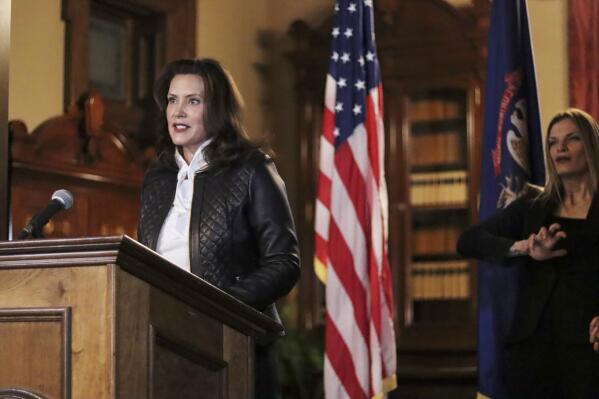 FILE - Michigan Office of the Governor, Michigan Gov. Gretchen Whitmer addresses the state during a speech in Lansing, Mich. on Oct. 8, 2020. Jurors on Friday, April 7, 2022, acquitted two men and deadlocked on two others accused of plotting to abduct Whitmer in 2020. (Michigan Office of the Governor via AP, File)