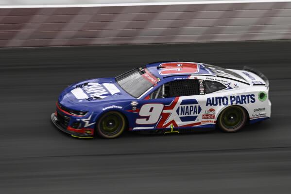 Chase Elliott (9) competes during a NASCAR Cup Series auto race at Charlotte Motor Speedway, Monday, May 29, 2023, in Concord, N.C. (AP Photo/Matt Kelley)