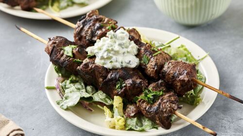 A recipe for lamb kebabs appears in New York. Kebabs can be made from many types of meat, seafood, fish, poultry or vegetables, or a combination thereof. (Cheyenne Cohen via AP)