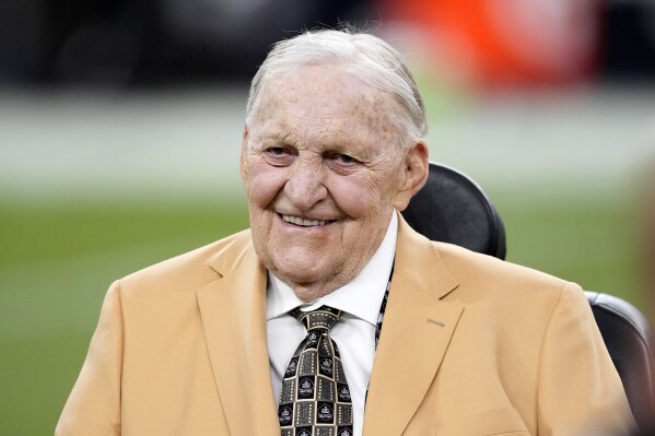 FILE - NFL Hall of Famer Jim Otto smiles prior to an NFL football game between the Las Vegas Raiders and the Pittsburgh Steelers, Sept. 24, 2023, in Las Vegas. Otto, the Hall of Fame center known as “Mr. Raider” for his durability through a litany of injuries, has died, the team confirmed Sunday night, May 19, 2024. He was 86. (AP Photo/Mark J. Terrill, File)